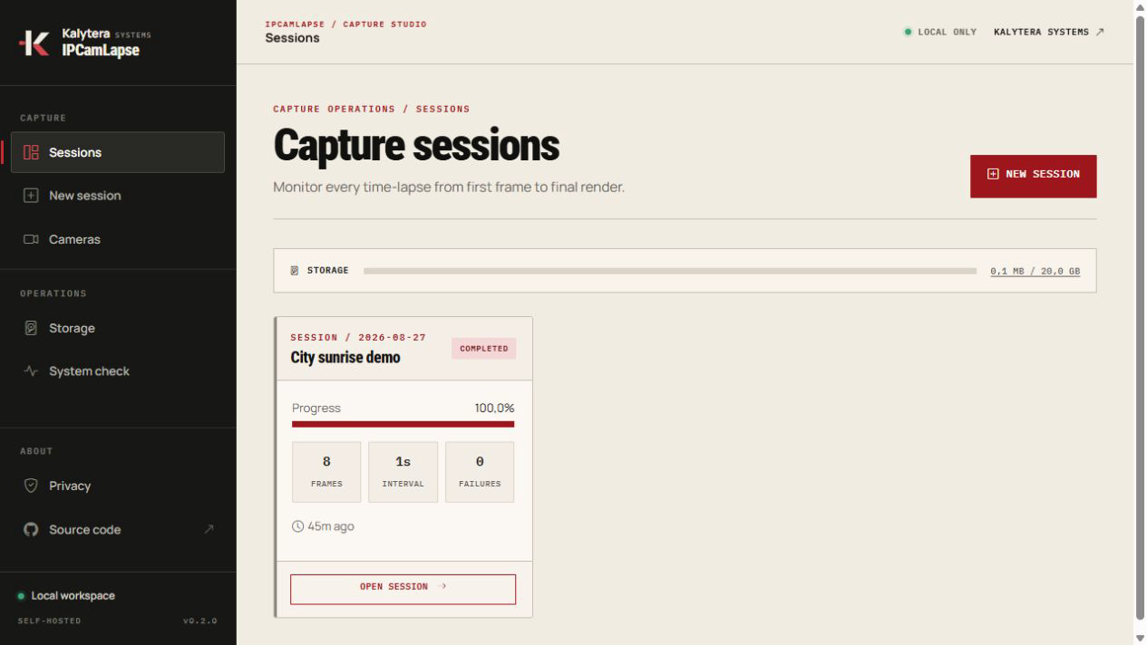 IPCamLapse sessions dashboard