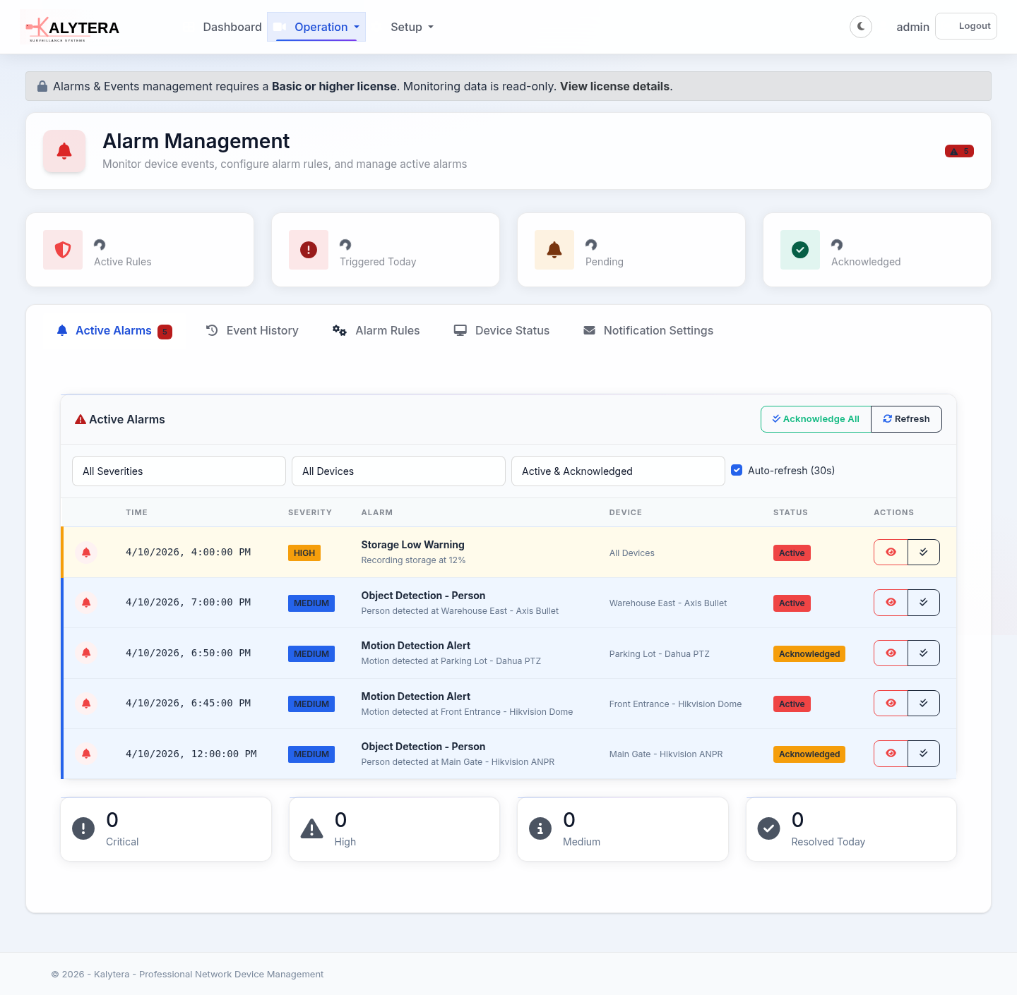 Kalytera Alarm Management — real-time alarm rules and event history