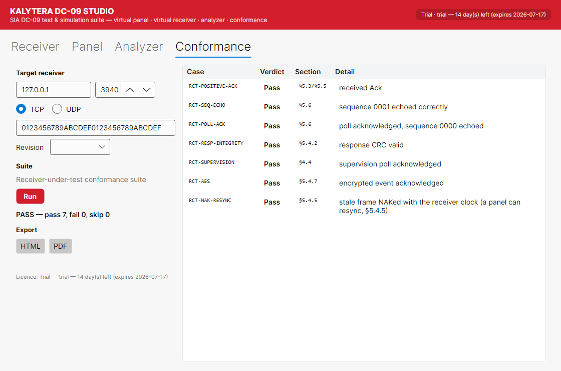 Automated DC-09 conformance runner with pass/fail verdicts