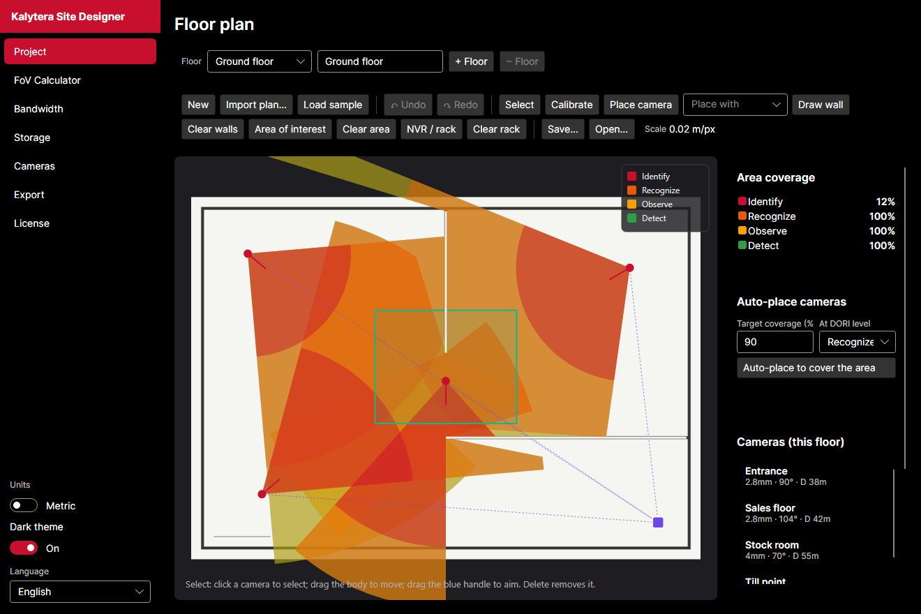 Kalytera Site Designer &mdash; floor plan with camera coverage