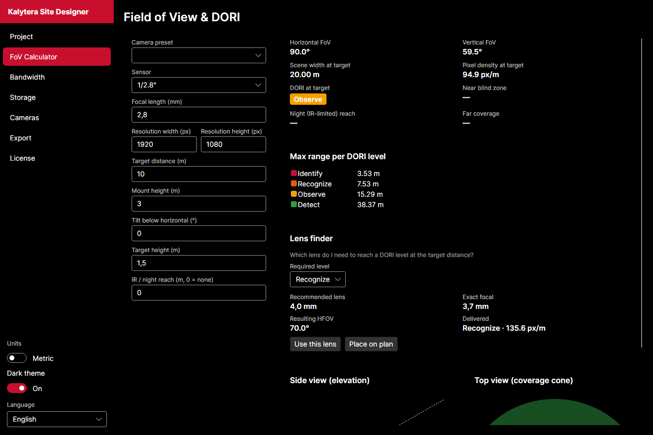 Field of view and DORI lens calculator